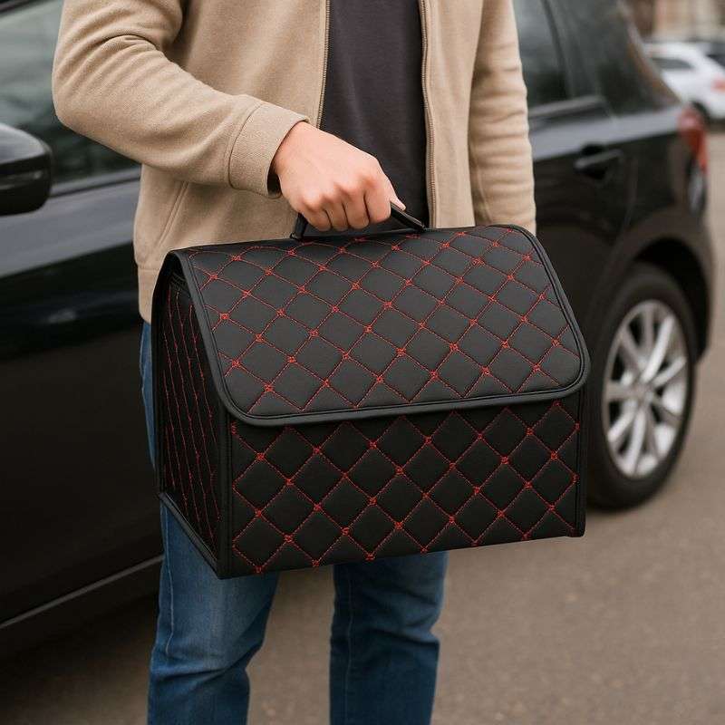 Органайзер в багажник автомобіля чорний штучна шкіра 1 відділення на липучці 40смХ30смХ30см (44649/black red)