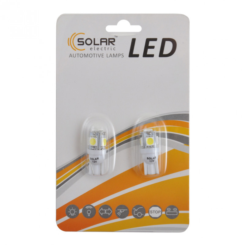 LED автолампа SOLAR 12V T10 W2.1x9.5d 5smd 5050 white, 2шт (LS243_B2)