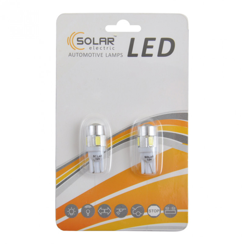 LED автолампа SOLAR 12V T10 W2.1x9.5d 6SMD 5630 with lens white, 2шт (LS285_B2)