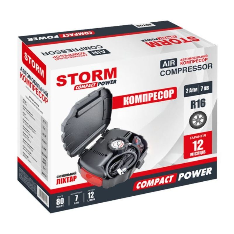 Автокомпресор однопоршневий від прикурювача STORM для шин R13-R15 Compact Power 15 л/хв 80 Вт 7Атм (20700)