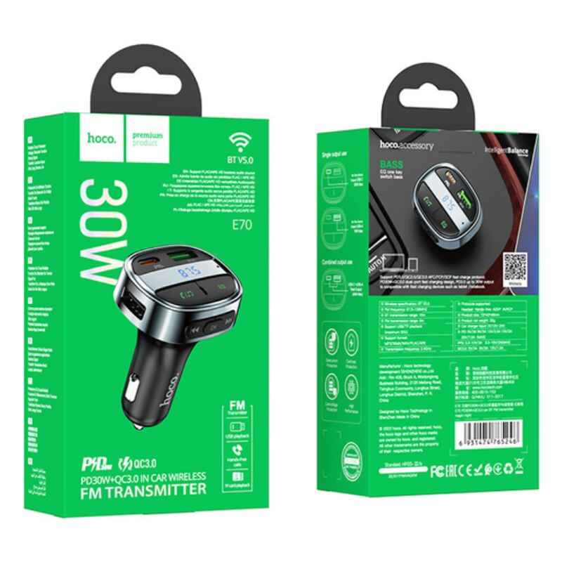 FM модулятор FM трансмітер для авто Bluetooth 3.0 Hoco 2 USB чорний (E70)