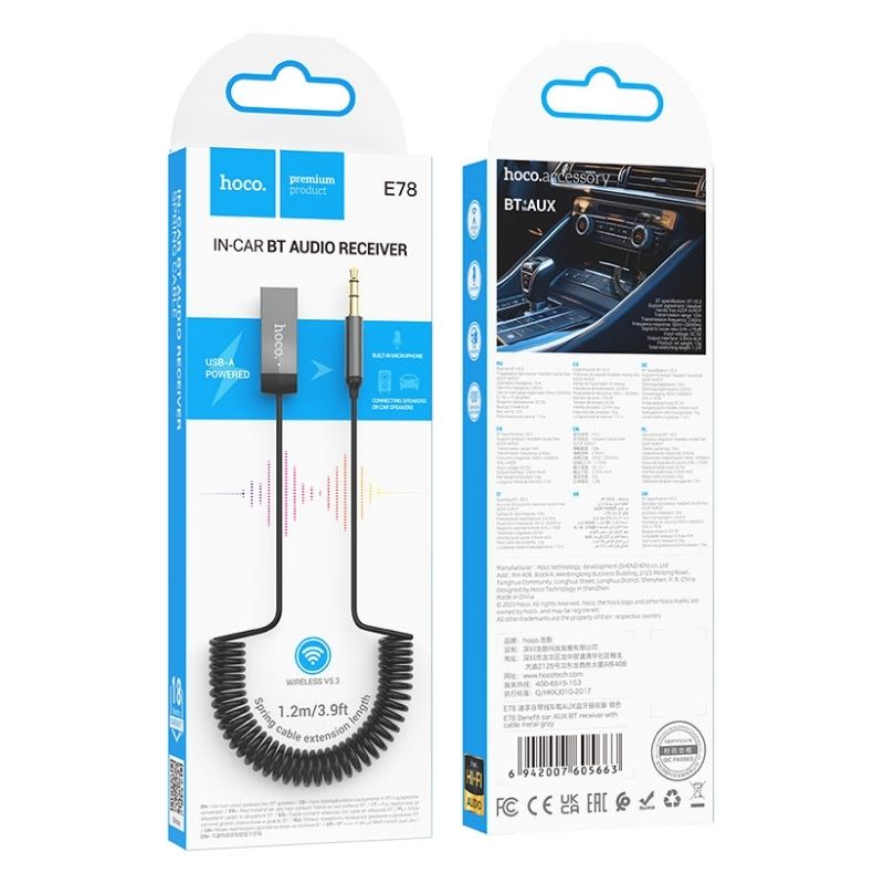 Аудио адаптер Bluetooth receiving Hoco E78 Benefit AUX with cable (Сірий)