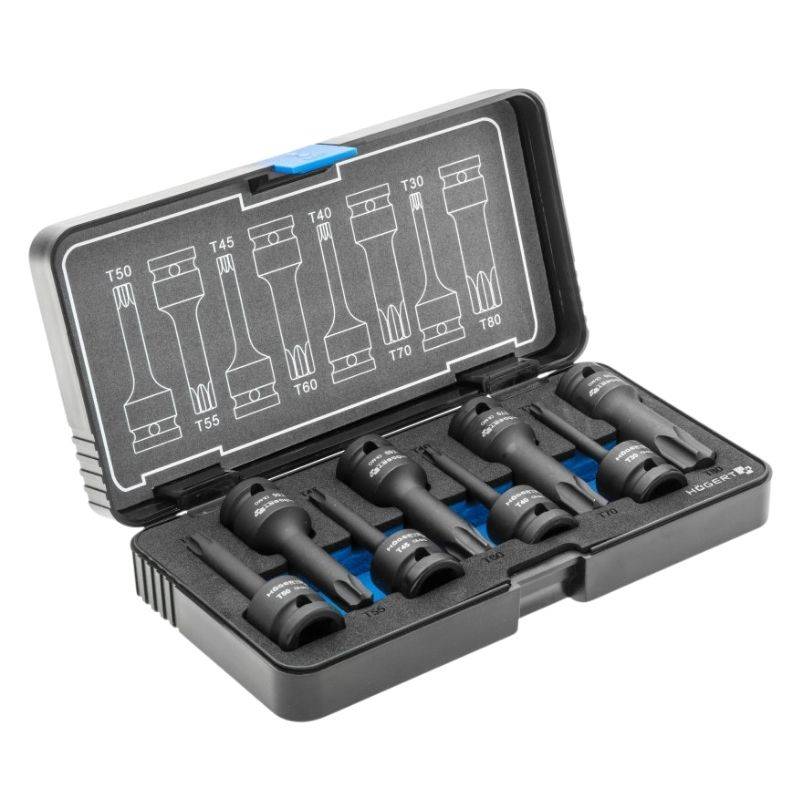Торцевые головки ударные Torx 8 штук T30 T40 T45 T50 T55 T60 T70 T80 1/2" CrMo Hogert (HT6R002)