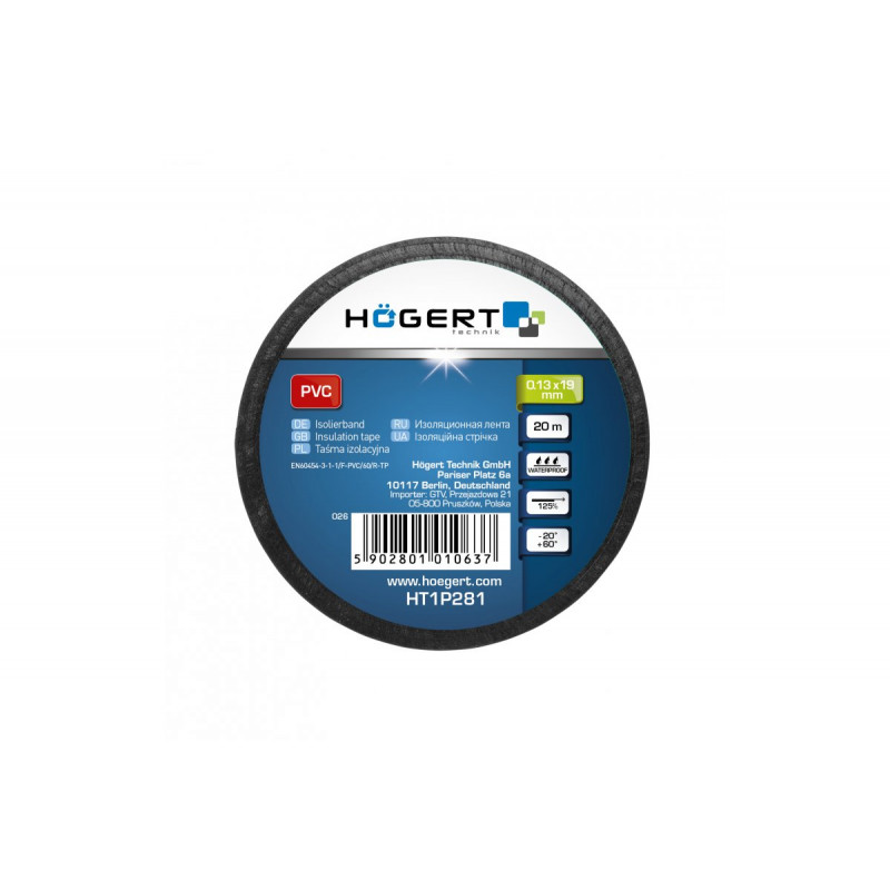 Стрічка ізоляційна 0,13x19мм x 20м чорна Hogert (HT1P281)