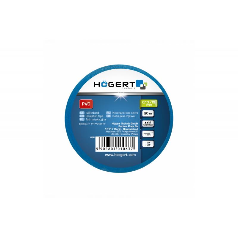 Стрічка ізоляційна 0,13x19мм x 20м Синя Hogert (HT1P283)