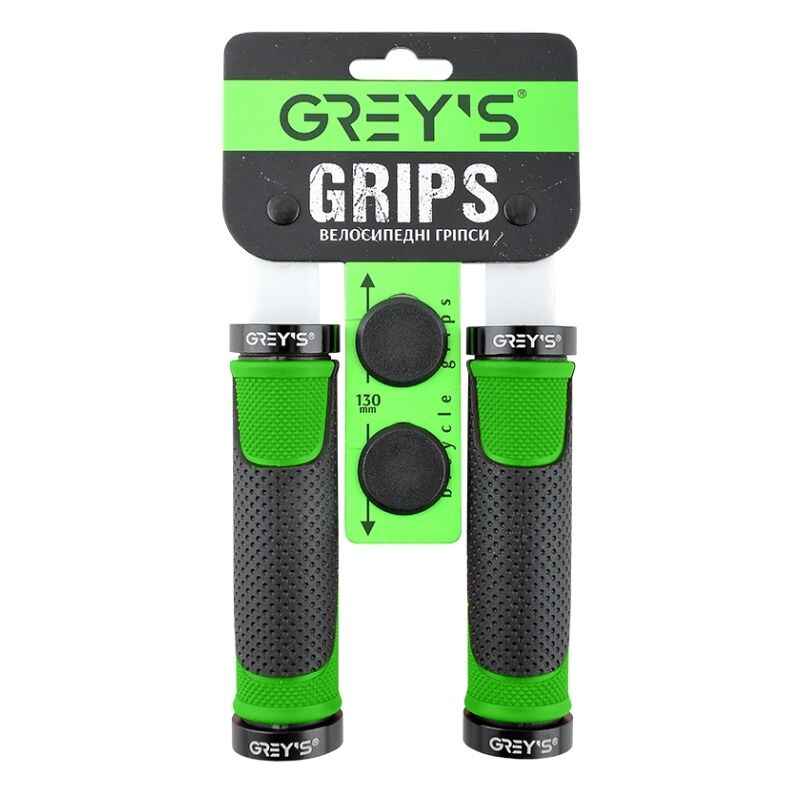 Гріпси на велосипед 13см Grey's з двостороннім замком і заглушками зелені 2шт (GR17220)