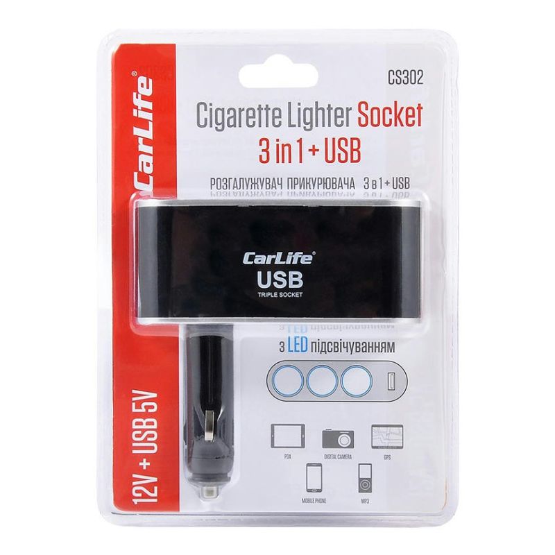 Разветвитель прикуривателя 3в1 USB CarLife (CS302)