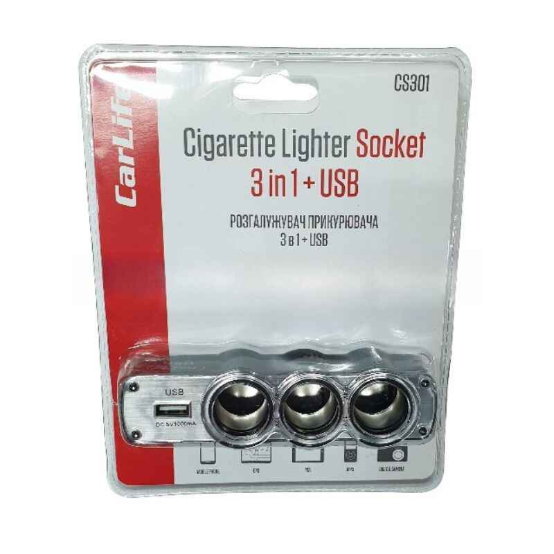 Розгалужувач прикурювача CarLife 3в1 з USB (CS301)