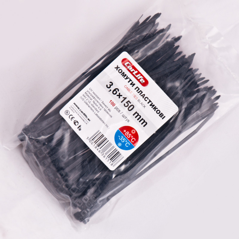 Хомути пластикові чорні 3.6x150 CarLife (BL3.6x150)