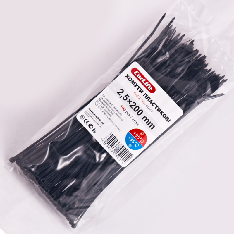 Хомути пластикові чорні 2.5x200 CarLife (BL2.5x200)