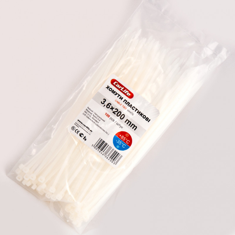 Хомути пластикові білі 3.6x200 CarLife (W3.6x200)