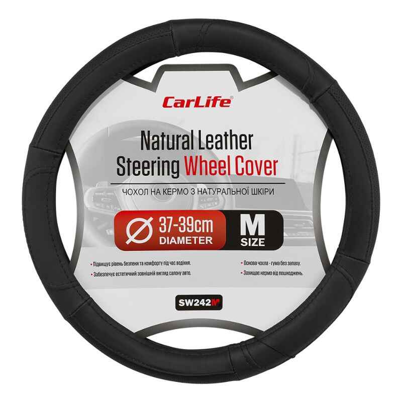 Чохол на кермо Carlife 37-39см, шкіра, чорний (SW242M)