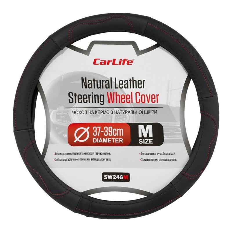 Чохол на кермо Carlife 37-39см, шкіра, чорний з червоною ниткою (SW246M)
