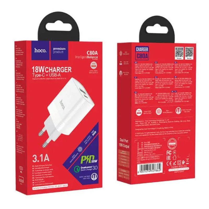 Зарядний пристрій Hoco Rapido PD 20W+QC3.0 Type-C + USB білий (C80A)