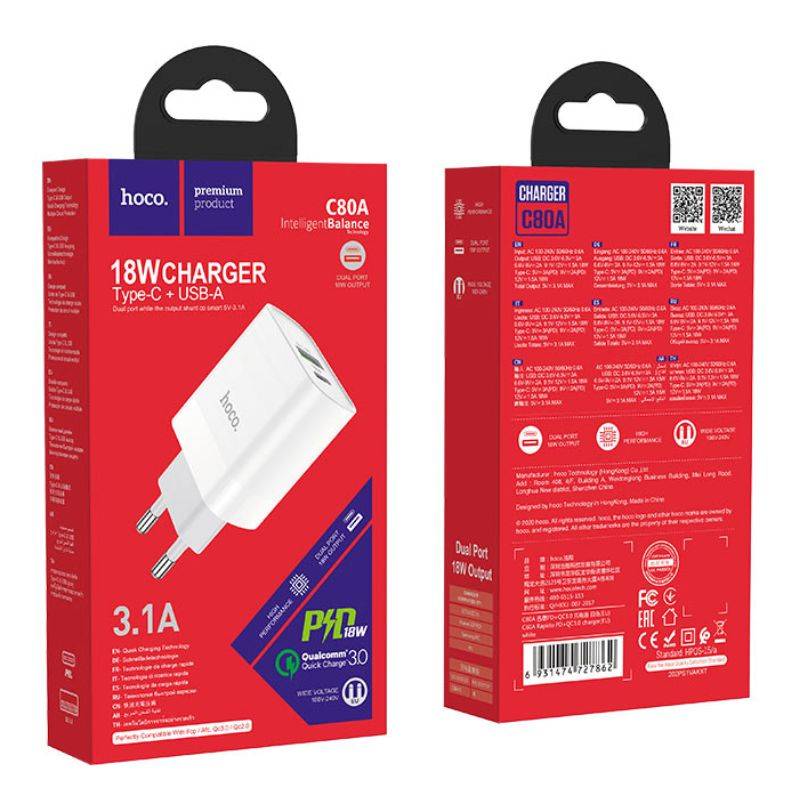 Зарядний пристрій Hoco Rapido PD 20W+QC3.0 Type-C + USB білий (C80A)