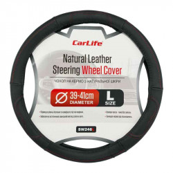 Чохол на кермо Carlife 39 - 41см, шкіра, чорний з червоною ниткою (SW246L)