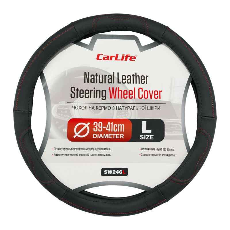 Чохол на кермо Carlife 39 - 41см, шкіра, чорний з червоною ниткою (SW246L)