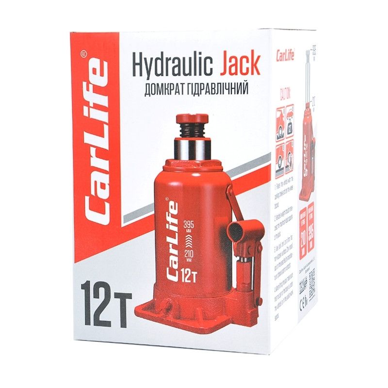 Домкрат гідравлічний пляшковий 12т CarLife 210-395мм для автомобіля в картонній упаковці (BJ412)