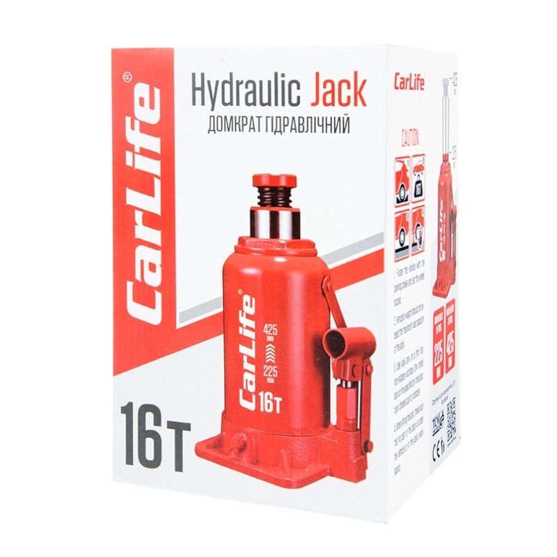 Домкрат гідравлічний пляшковий 16т CarLife 225-425мм для автомобіля в картонній упаковці (BJ416)