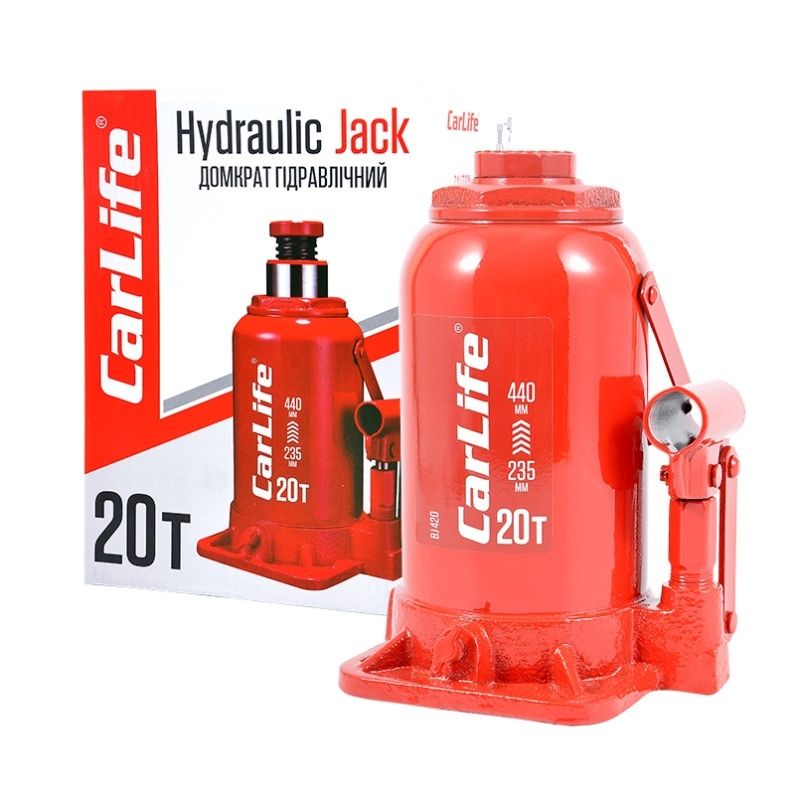 Домкрат гідравлічний пляшковий 20т CarLife 235-440мм для автомобіля в картонній упаковці (BJ420)