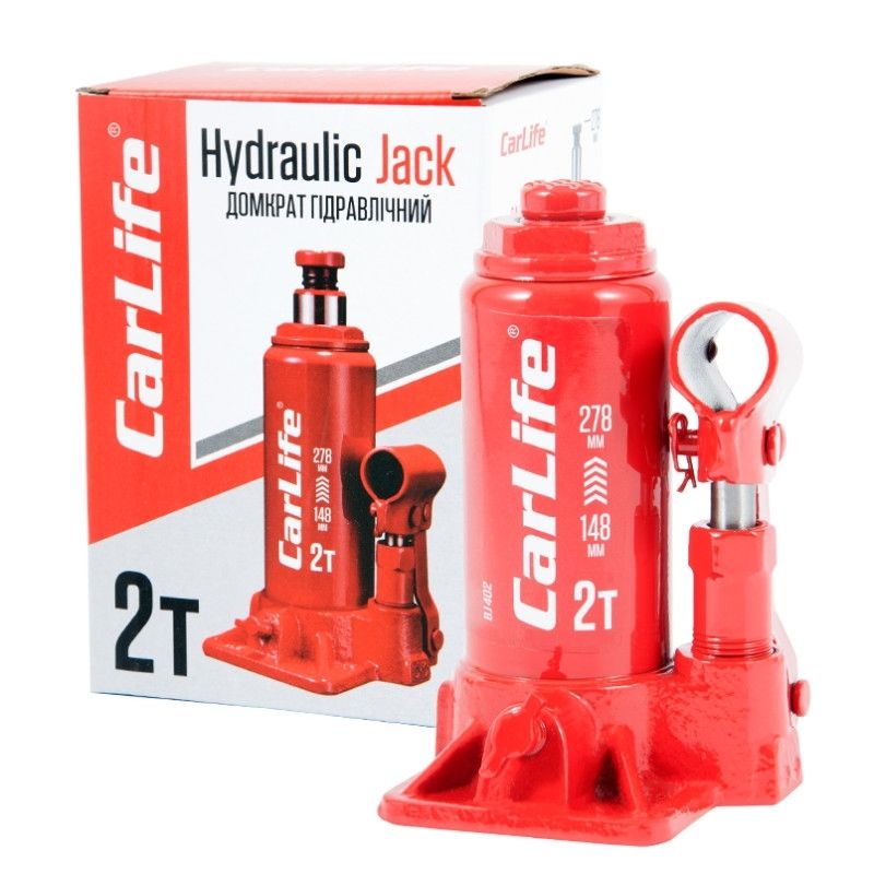 Домкрат гідравлічний пляшковий 2т CarLife 148-278мм для автомобіля в картонній упаковці (BJ402)