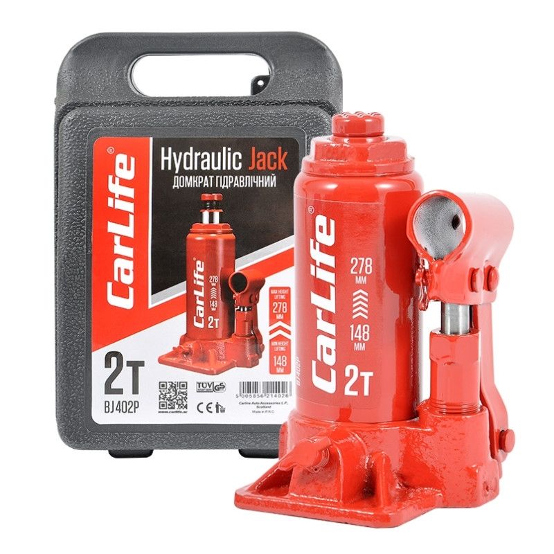 Домкрат гідравлічний пляшковий 2т CarLife 148-278мм для автомобіля в пластиковій упаковці (BJ402P)