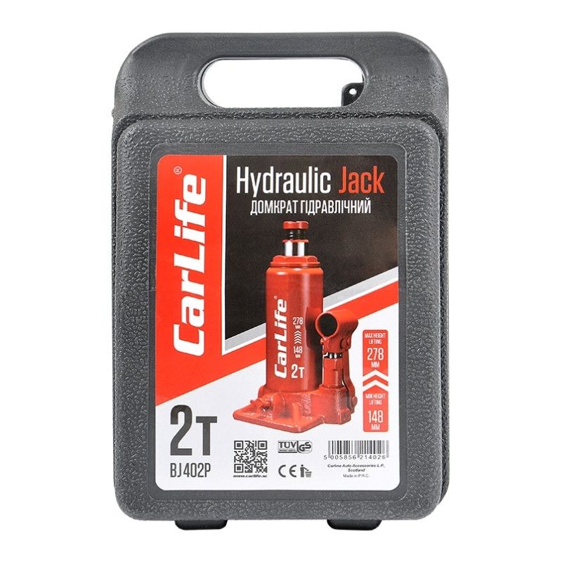 Домкрат гідравлічний пляшковий 2т CarLife 148-278мм для автомобіля в пластиковій упаковці (BJ402P)