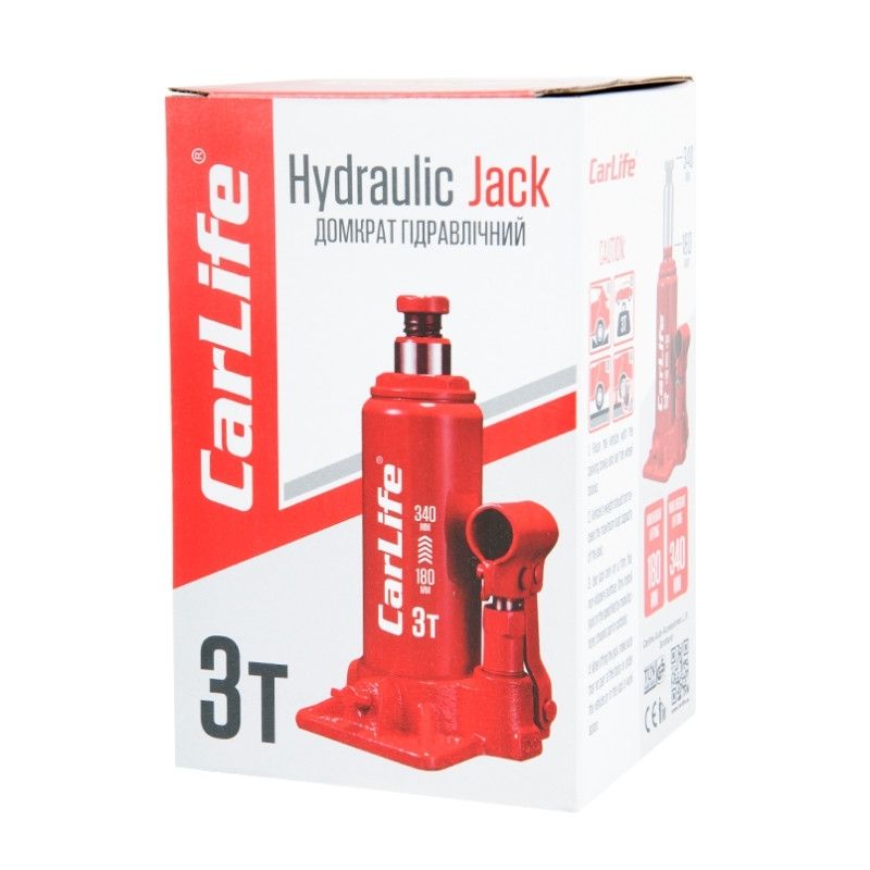 Домкрат гідравлічний пляшковий 3т CarLife 180-340мм для автомобіля в картонній упаковці (BJ403)