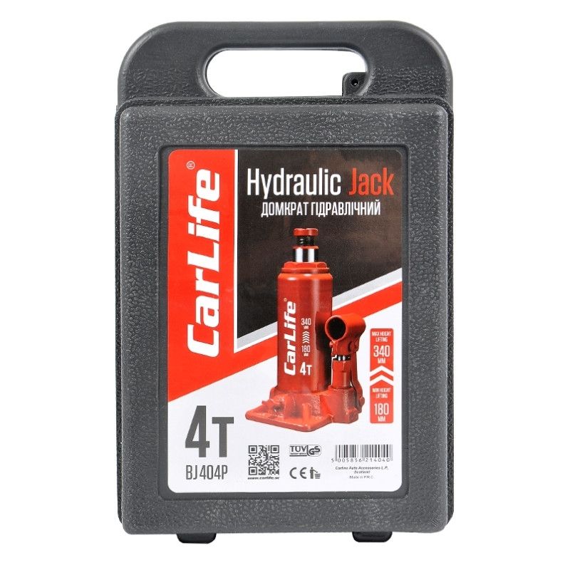 Домкрат гідравлічний пляшковий 4т CarLife 180-340мм для автомобіля в пластиковій упаковці (BJ404P)