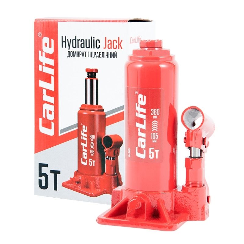 Домкрат гідравлічний пляшковий 5т CarLife 195-380мм для автомобіля в картонній упаковці (BJ405)