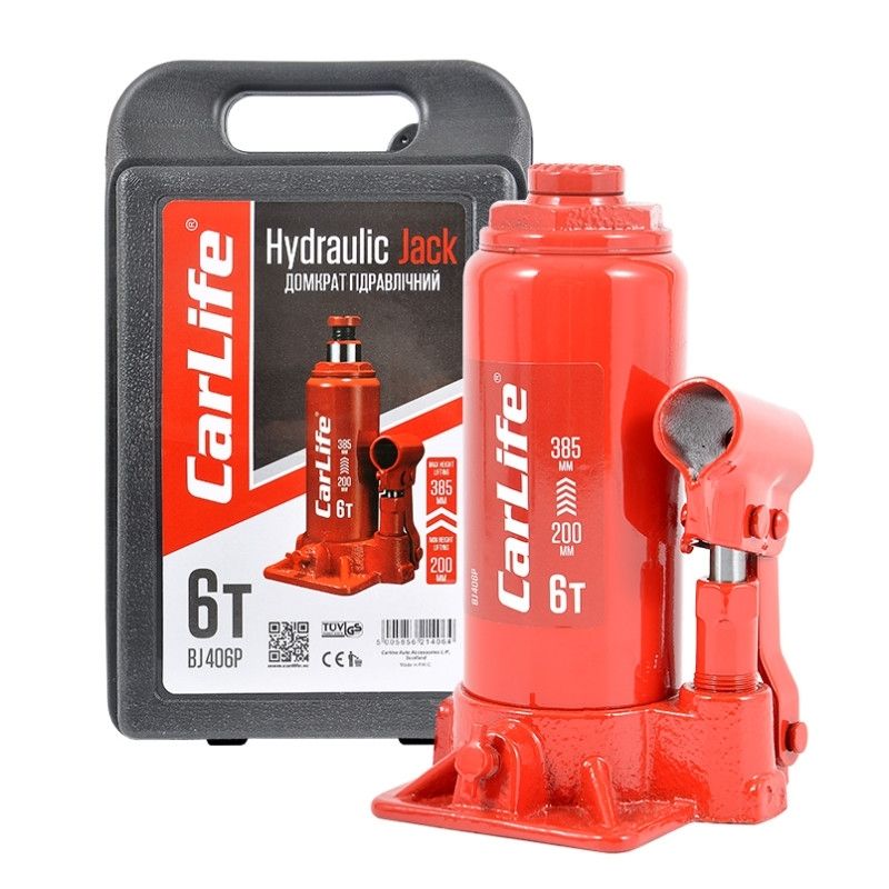 Домкрат гідравлічний пляшковий 6т CarLife 200-385мм для автомобіля в пластиковій упаковці (BJ406P)