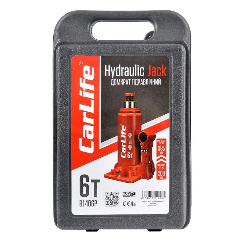 Домкрат гідравлічний пляшковий 6т CarLife 200-385мм для автомобіля в пластиковій упаковці (BJ406P)