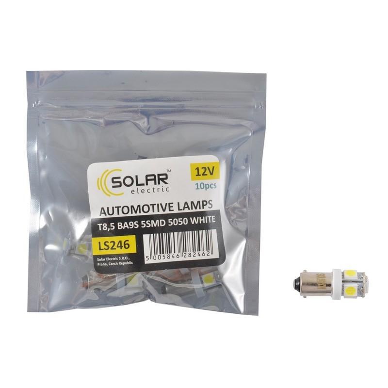 Лампы LED 12V T8.5 BA9s 5smd 5050 белые 10шт Solar (LS246_P)