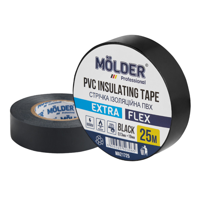 Изолента Molder 25м, 0,13x19mm, черная, Огнестойкая (MA21725)