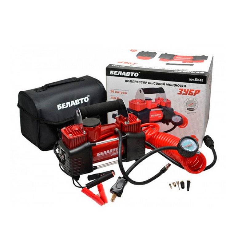 Автомобільний компресор двопоршневий BelAuto ЗУБР з крученим шлангом для накачування шин R13-R21 10Атм 90 л/хв 360 Вт (BK45)