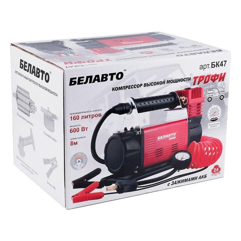 Автомобільний компресор однопоршневий BelAuto ТРОФІ для накачування шин R13-R22 із захистом від перегріву 10 Атм 160 л/хв 600 Вт (BK47)