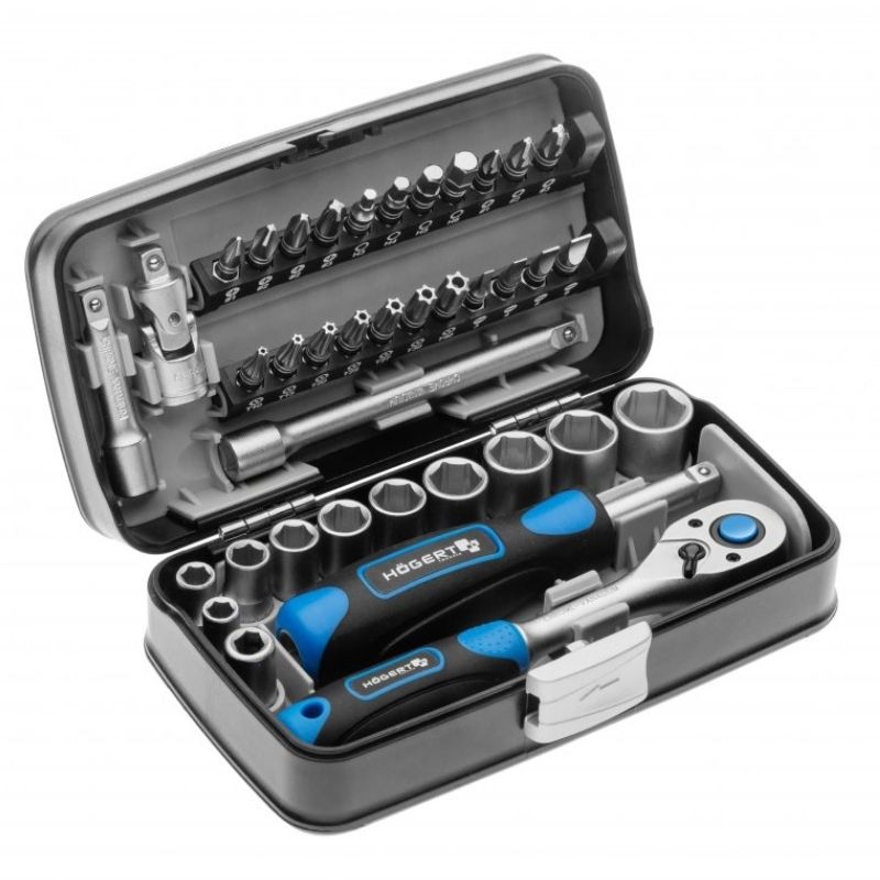 Набор инструментов 1/4" 38шт CrV CrMo сталь S2 Hogert в кейсе (HT1R462)