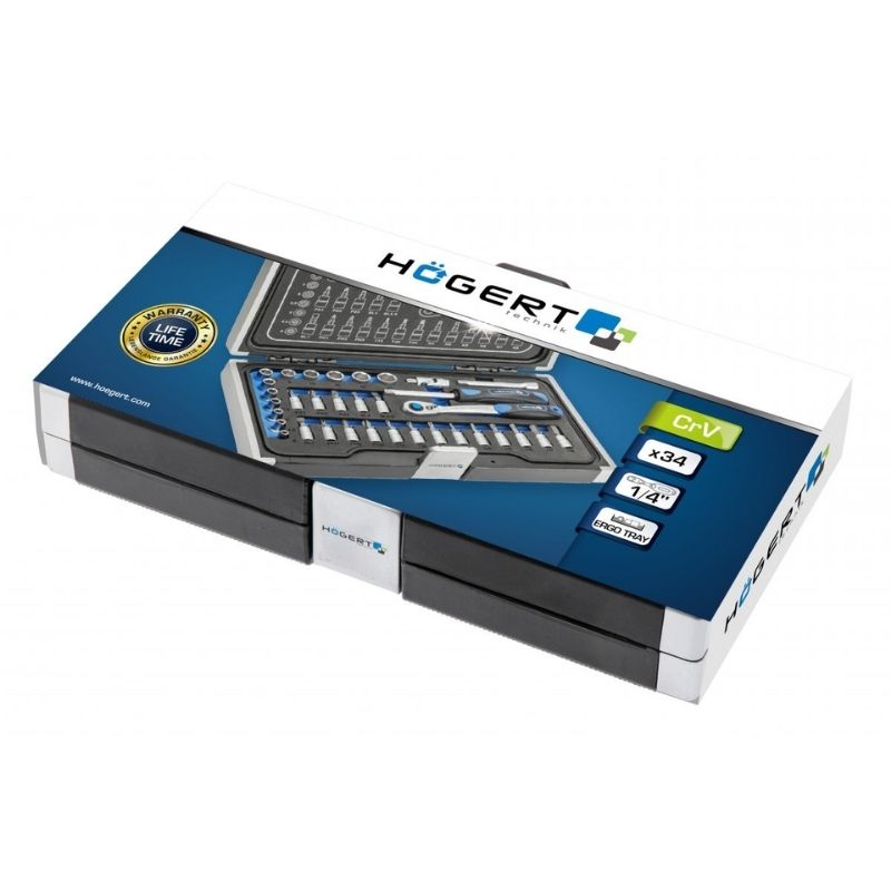 Набор инструментов 1/4" 34шт CrV CrMo сталь S2 Hogert в кейсе (HT1R464)