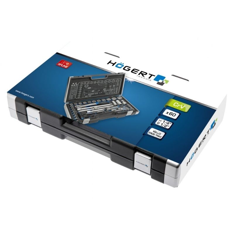 Набор инструментов 60шт 1/2″ 1/4″ CrV CrMo сталь S2 Hogert в кейсе (HT1R470)