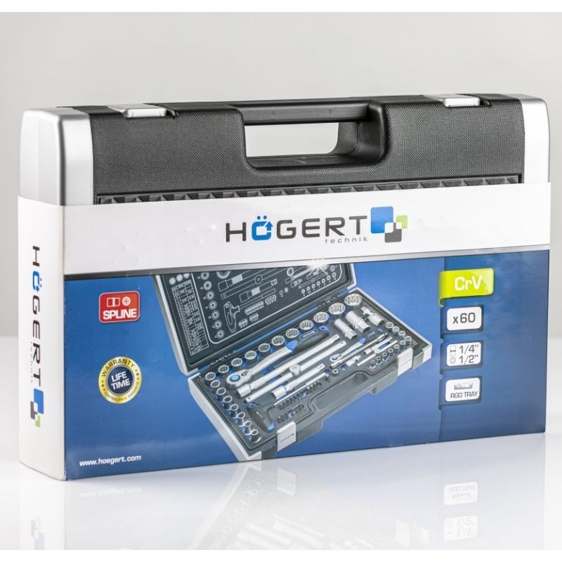Набор инструментов 60шт 1/2″ 1/4″ CrV CrMo сталь S2 Hogert в кейсе (HT1R470)
