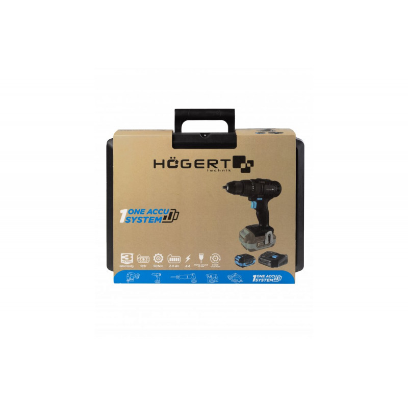 Набір дриль-шуруповерт 50 Нм 18В акумулятор 2Ач зарядна станція 4А в кейсі Hogert (HT2E244-B12DD)