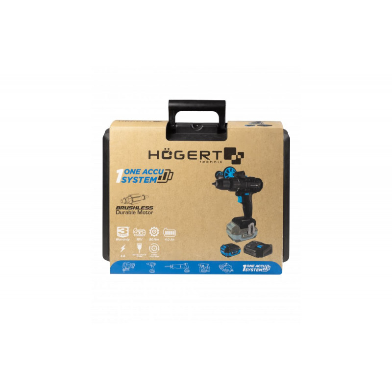 Набір дриль-шуруповерт 80 Нм 18В акумулятор 4Ач зарядна станція 4А в кейсі Hogert (HT2E246-B14DD)