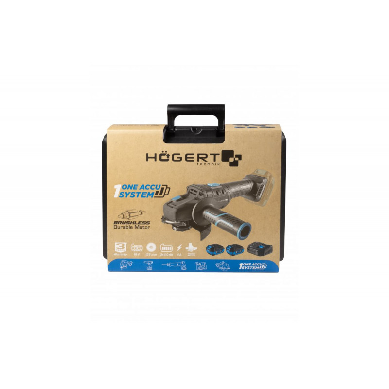Набір кутошліфмашина 125 мм 18В 2 акумулятори 4Ач зарядна станція 4Ач Hogert в кейсі (HT2E250-B24AG)
