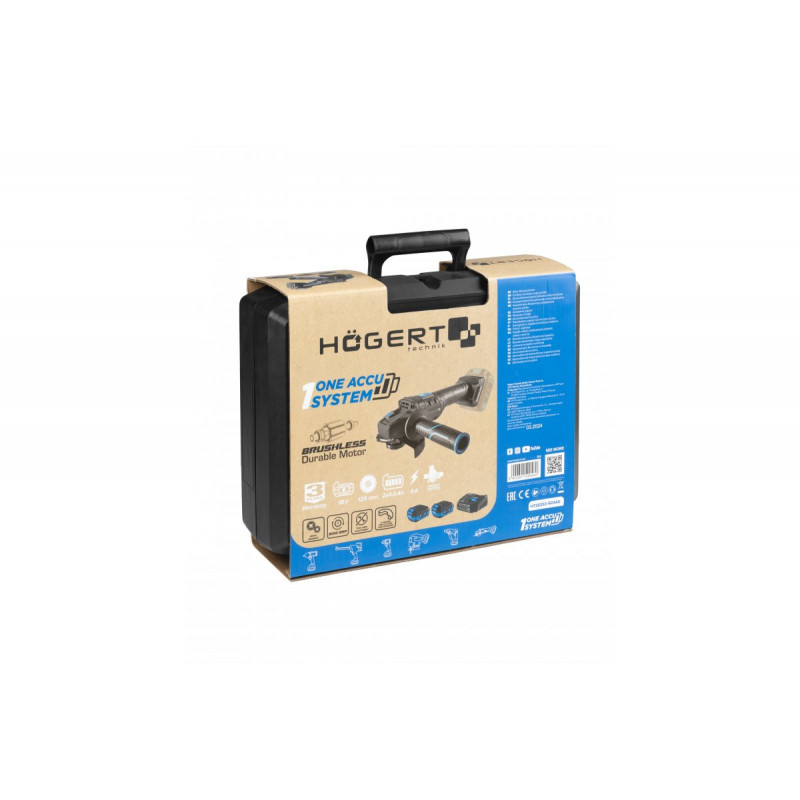 Набір кутошліфмашина 125 мм 18В 2 акумулятори 4Ач зарядна станція 4Ач Hogert в кейсі (HT2E250-B24AG)