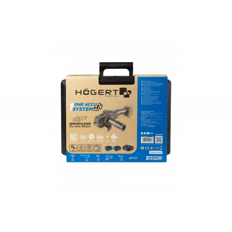 Набір кутошліфмашина 125 мм 18В 2 акумулятори 4Ач зарядна станція 4Ач Hogert в кейсі (HT2E250-B24AG)