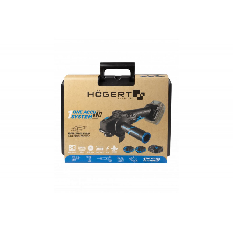 Набір кутошліфмашина безщіткова 125 мм 18В 2 акумулятори 4Ач зарядна станція 4Ач Hogert в кейсі (HT2E251-B24AG)
