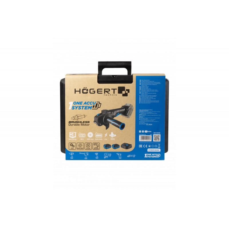 Набір кутошліфмашина безщіткова 125 мм 18В 2 акумулятори 4Ач зарядна станція 4Ач Hogert в кейсі (HT2E251-B24AG)