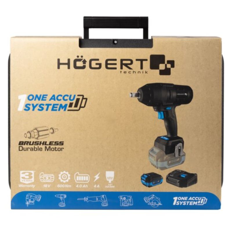 Гайковерт ударный аккумуляторный Hogert 600Нм 18В с батареей 4Ач и зарядной станцией (HT2E253-B14IW)