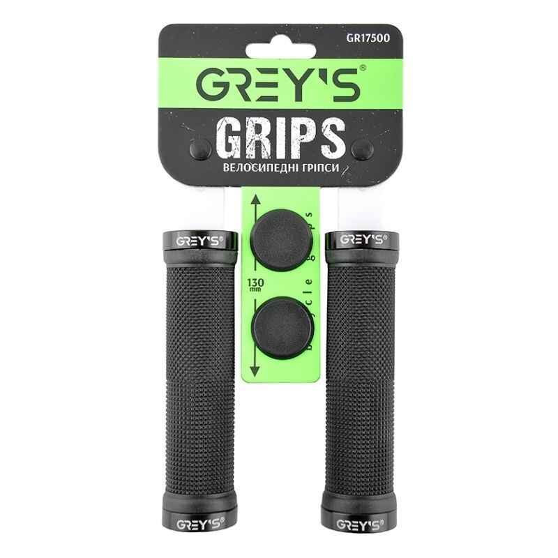 Грипсы на велосипед 13см Grey's с двухсторонним замком и заглушками черные 2шт (GR17500)
