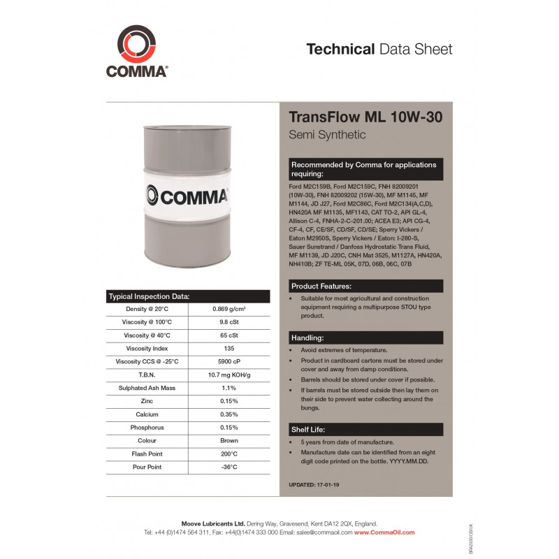 Моторна олива Comma TRANSFLOW ML 10W-30 API GL4/CE/CF-4/CG-4/SF/CD; ACEA E3 (20л) (TFML20L)